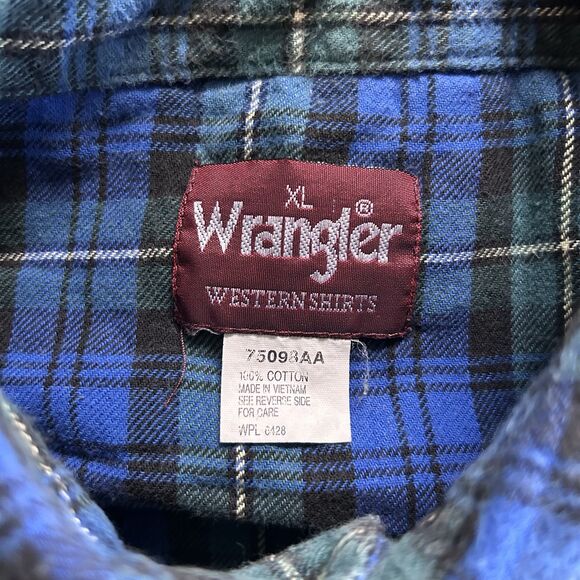 Wrangler Western Shirt XL Plaid Flannel Snap Button Raw Hem Grunge Cowboy - Picture 7 of 7